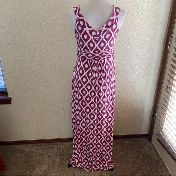 Boden Maxi Dress Long Geo Floral Print V Neck Sleeveless Purple White Twist: 10 - Picture 5 of 10